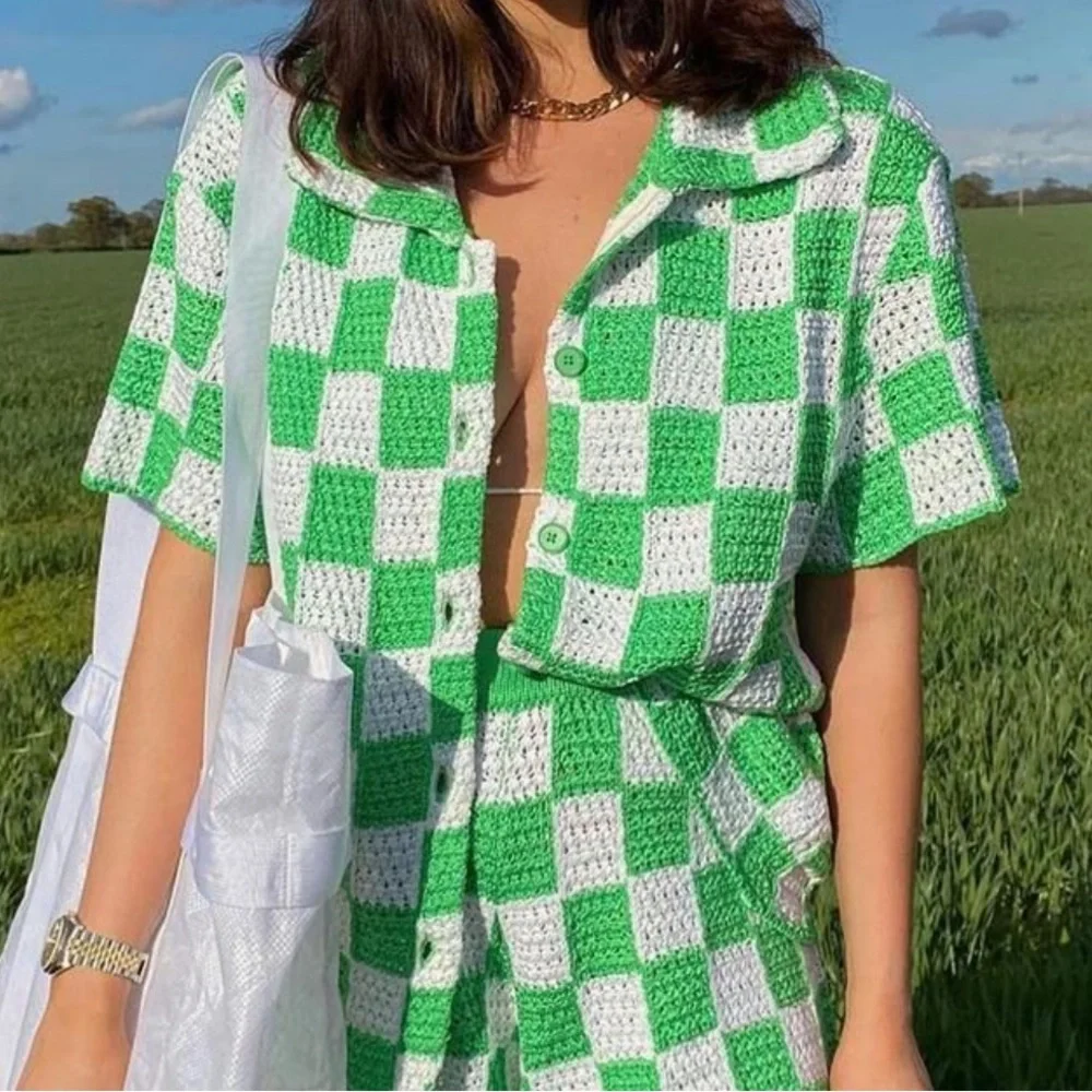 💚 Frankie's Bikinis Green & White Check Crochet Matching Set 💚
